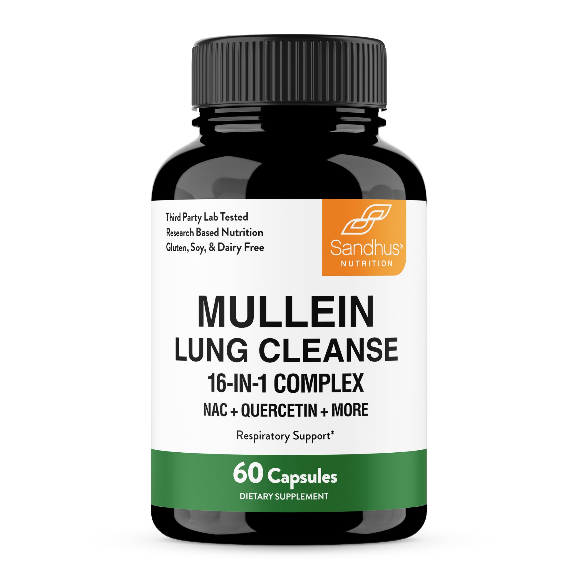 Supplement bottle labeled 'Mullein Lung Cleanse' by Sandhust Nutrition on a white background