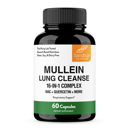 Supplement bottle labeled 'Mullein Lung Cleanse' by Sandhust Nutrition on a white background