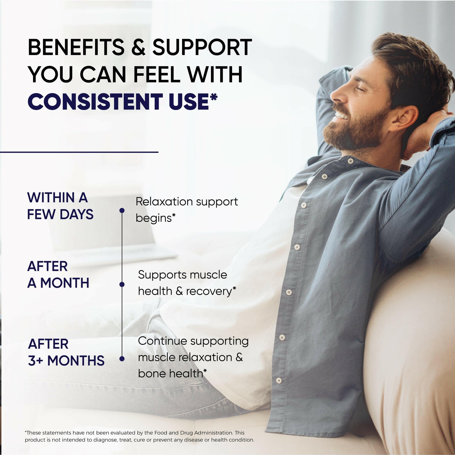 Man relaxing with magnesium complex supplement for muscle, bone and relaxation support