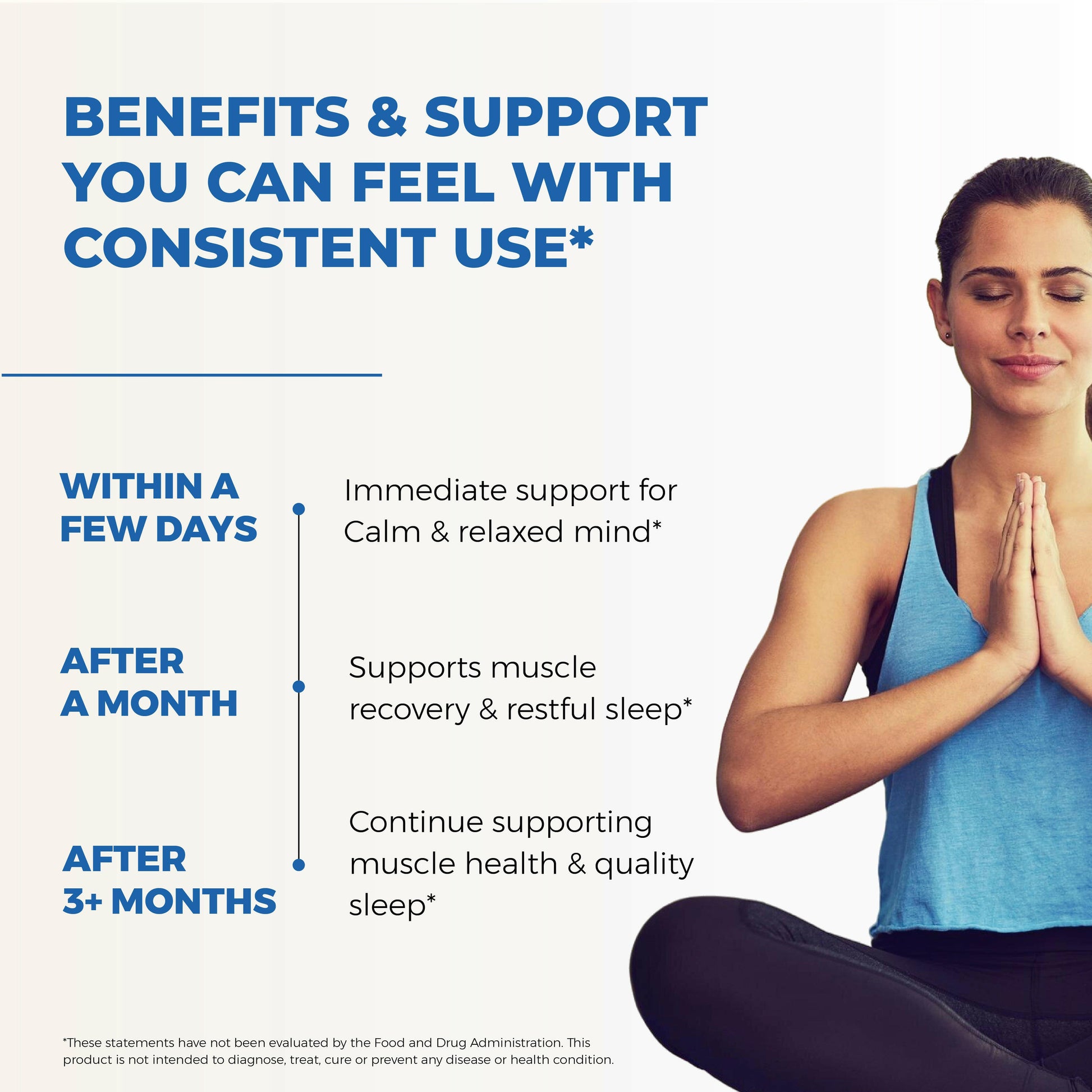Peaceful woman meditating in blue top; supplement promotes relaxation, muscle recovery, and quality sleep over time.