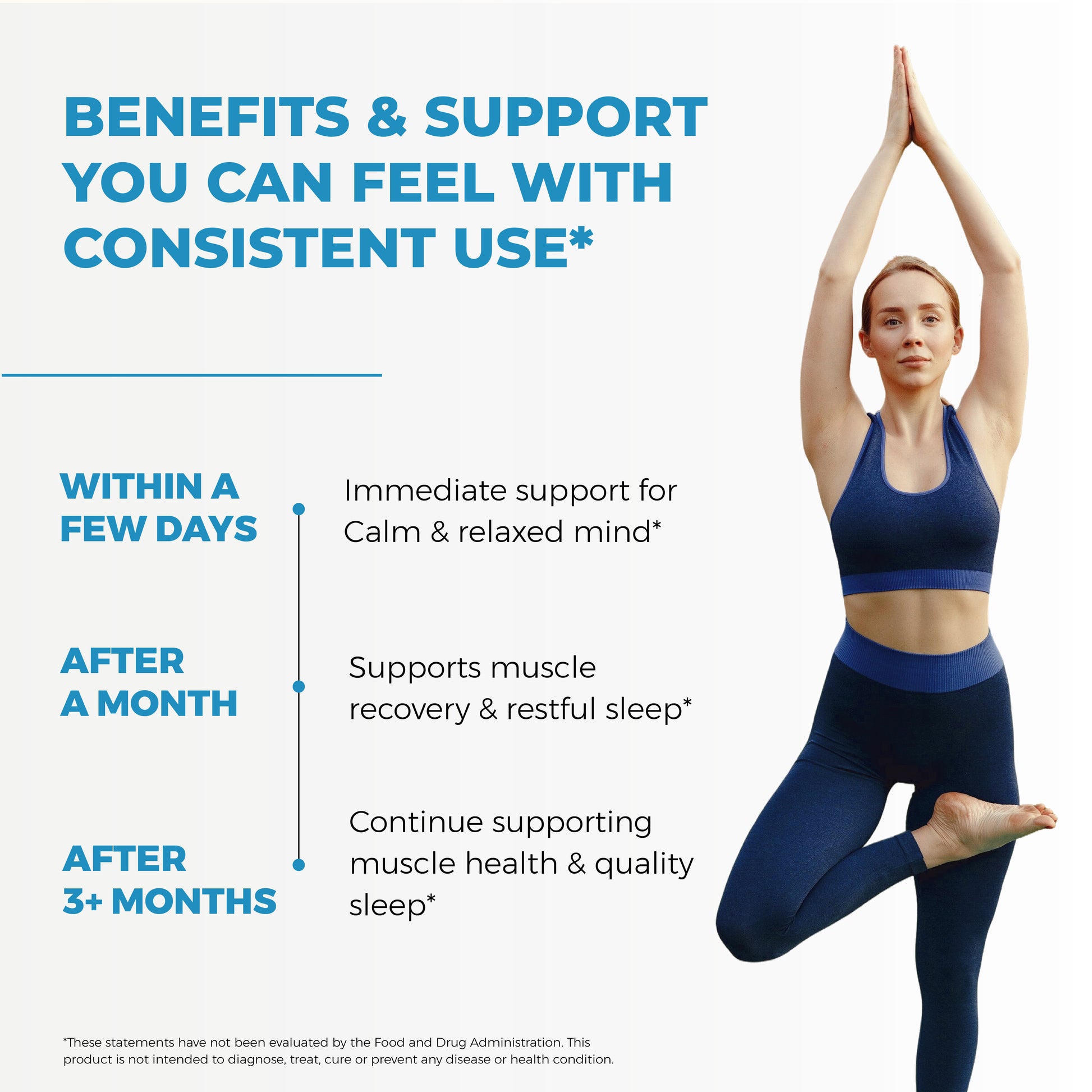 Young woman practicing yoga in blue activewear; supplement supports calm mind, restful sleep, and muscle health.