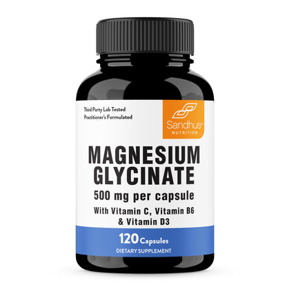 Supplement bottle labeled 'Magnesium Glycinate' with Sandhu Nutrition branding on a white background