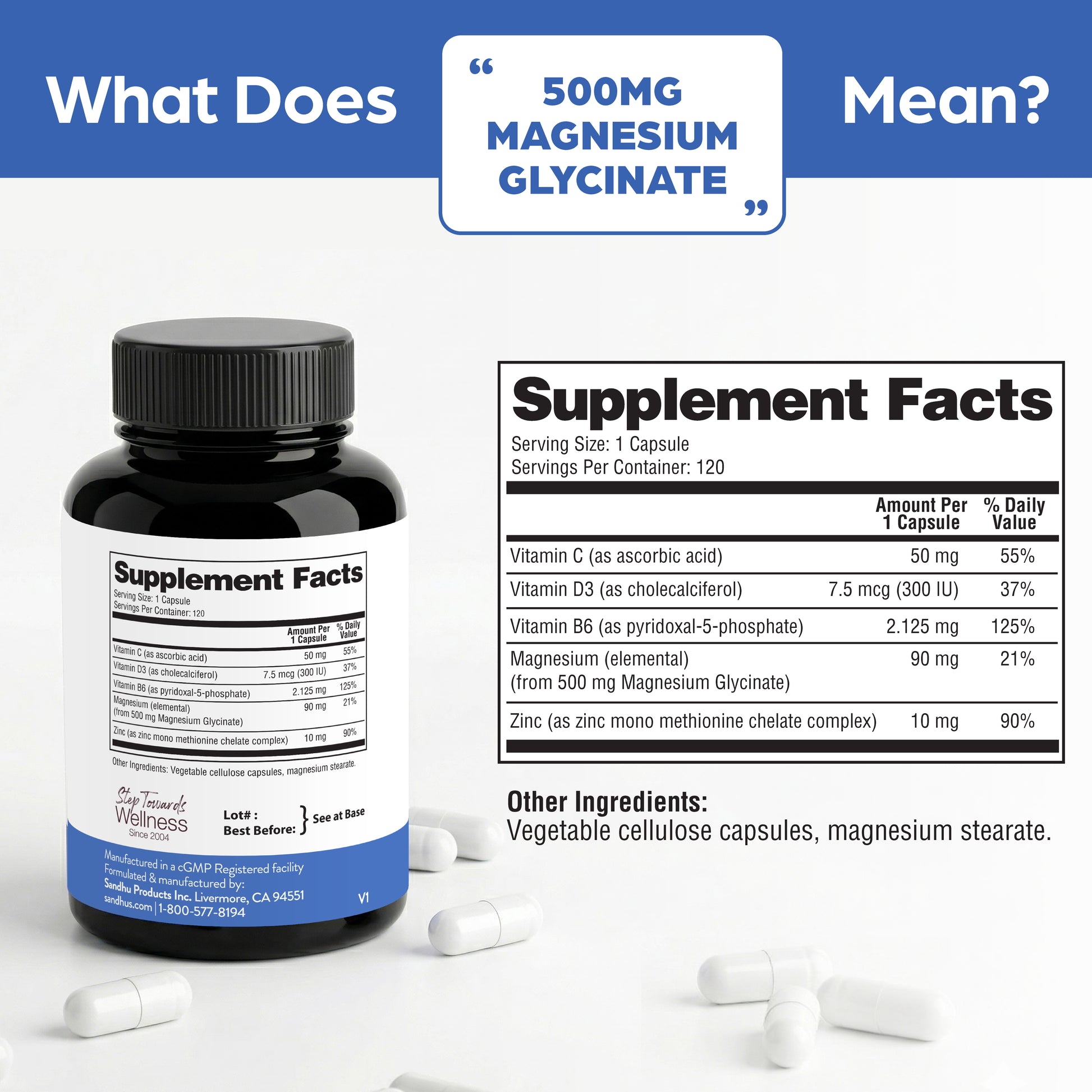Supplement bottle with '500MG Magnesium Glycinate' label and supplement facts on a white background.