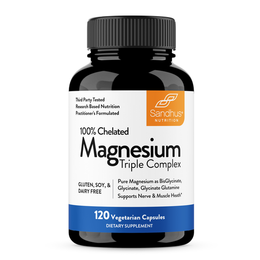 Supplement bottle labeled '100% Chelated Magnesium Triple Complex' by Sandhu Nutrition on a white background.