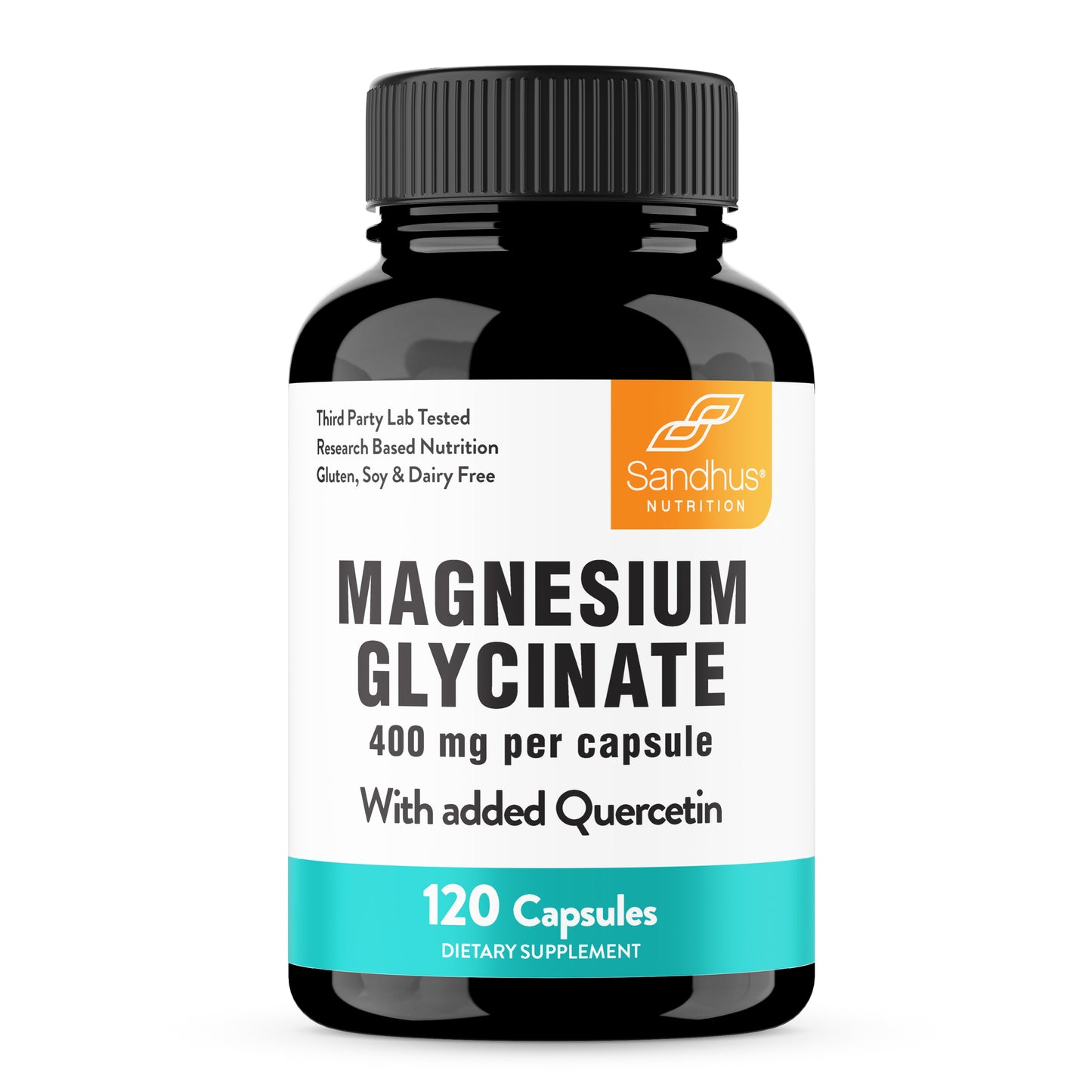 Sandhu Nutrition Magnesium Glycinate bottle with 400 mg per capsule and added quercetin.