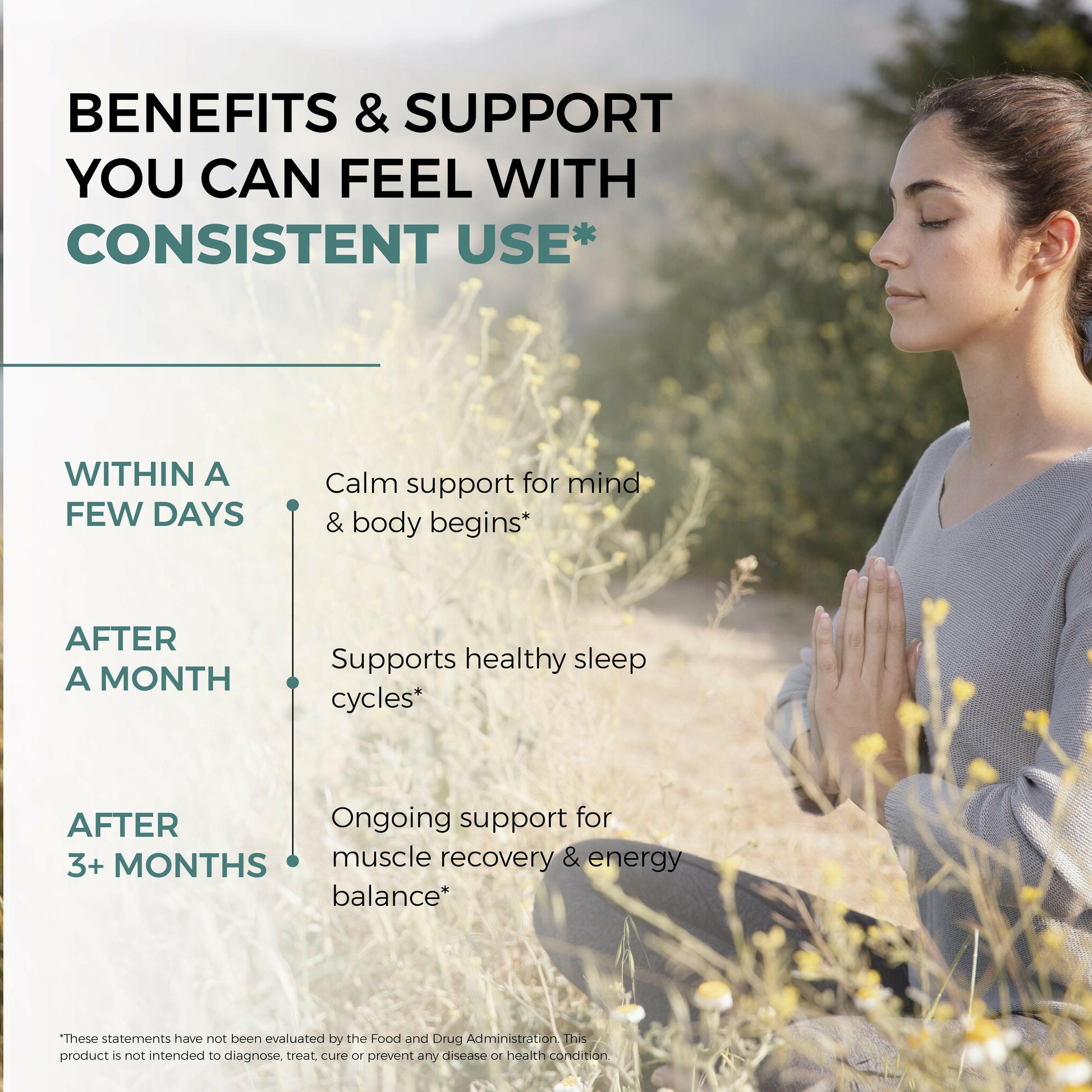 Magnesium Glycinate supplement benefits over time: calm support in days, healthy sleep cycles in a month, and ongoing support for muscle recovery and energy balance after 3 months.