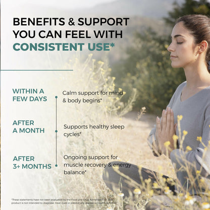 Magnesium Glycinate supplement benefits over time: calm support in days, healthy sleep cycles in a month, and ongoing support for muscle recovery and energy balance after 3 months.
