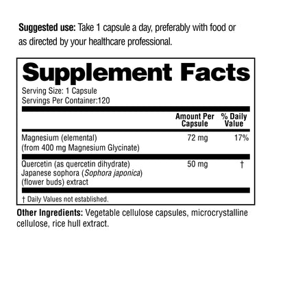 Supplement Facts label showing magnesium glycinate, quercetin, and other ingredients, serving size. 
