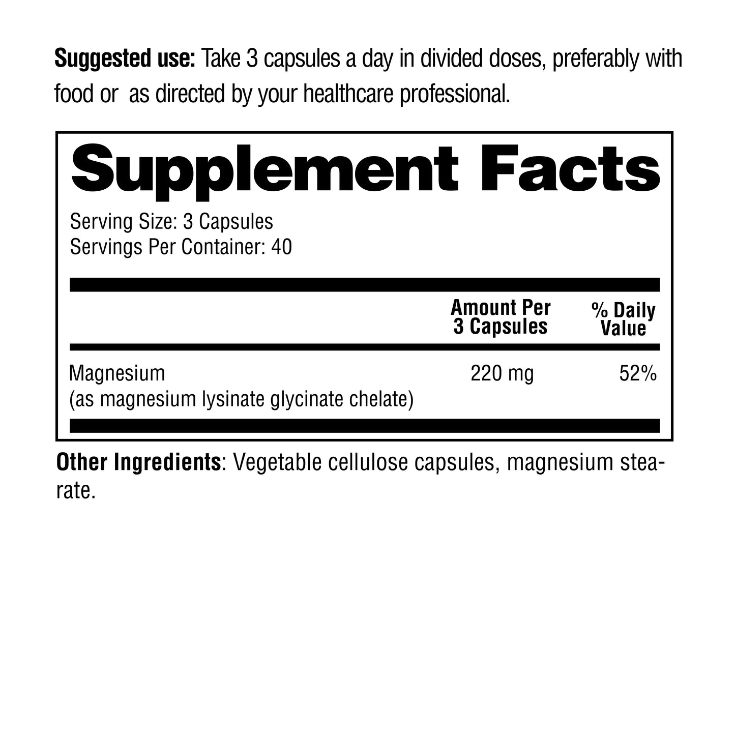 Supplement label with magnesium content and usage instructions on a white background