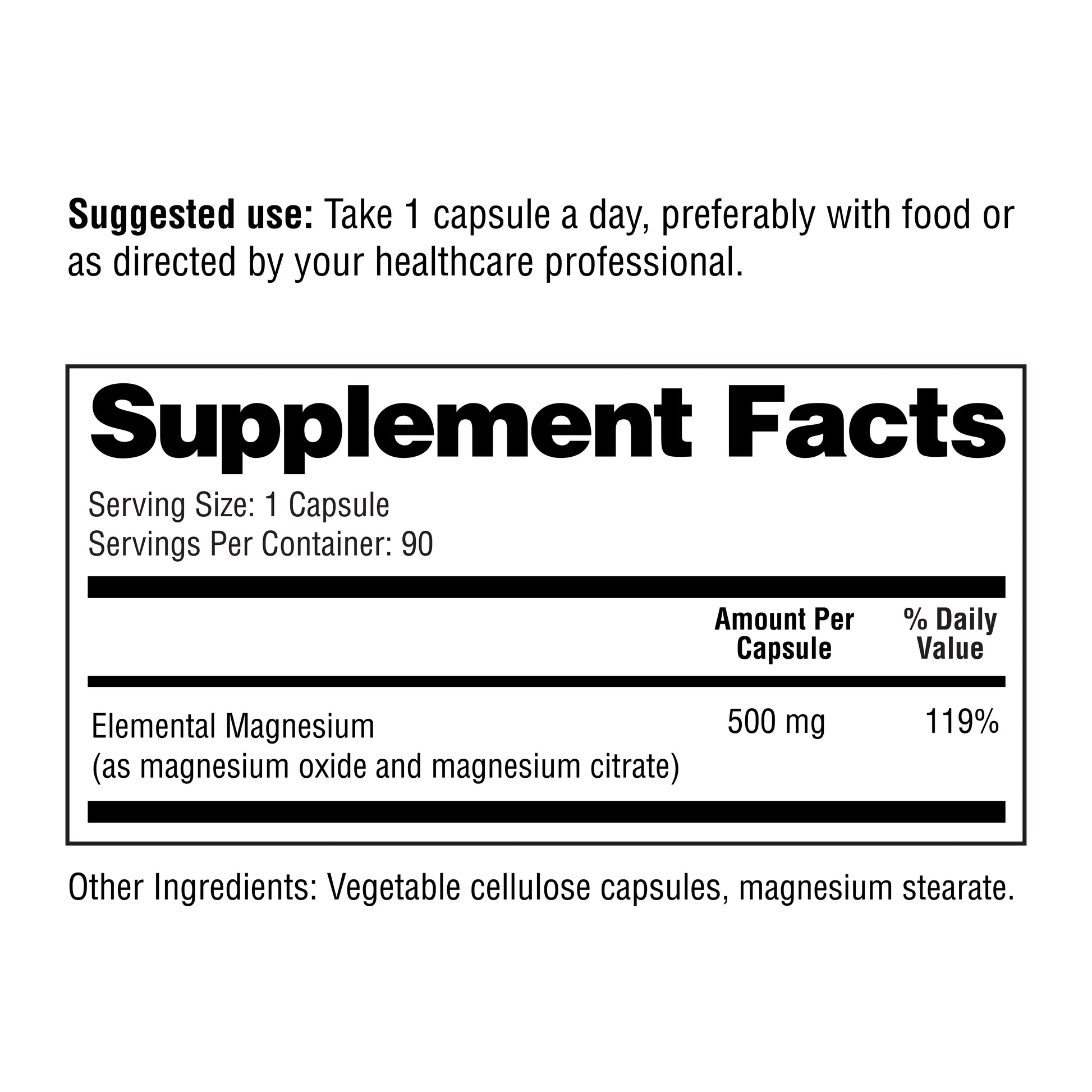 Supplement label with magnesium supplement facts on a white background