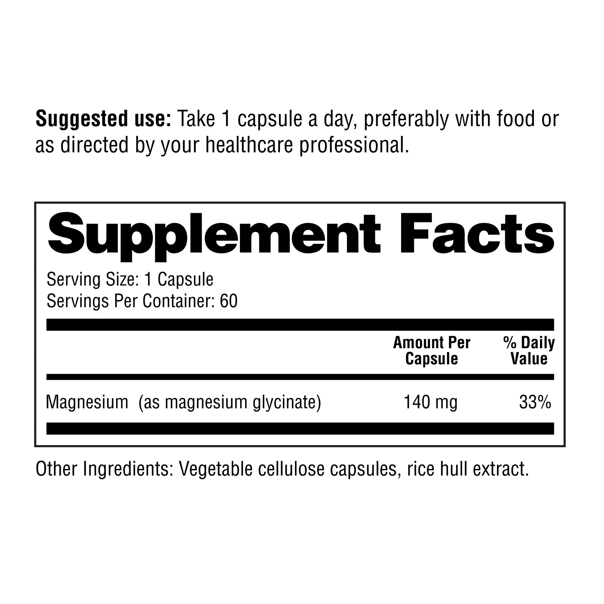 Supplement label with magnification details on a white background