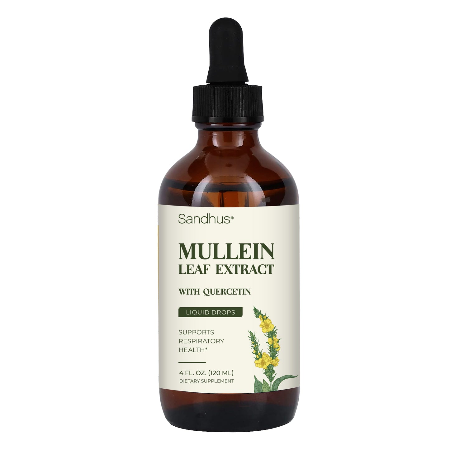 Bottle of Sandhus Mullein Leaf Extract with Quercetin on a white background