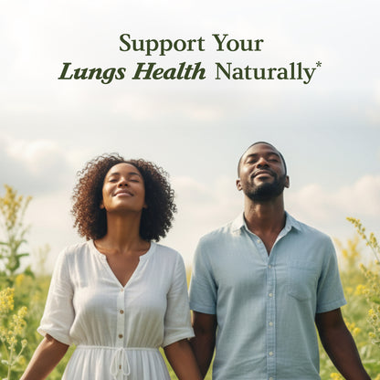 Two people standing in a field with text 'Support Your Lungs Health Naturally' above them.
