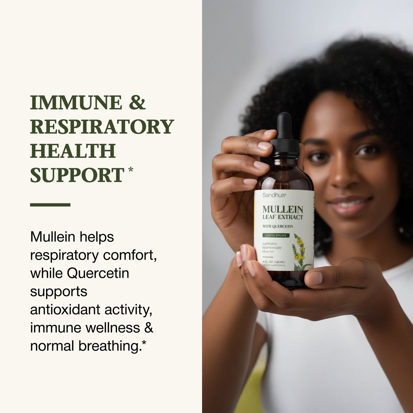 Woman holding a bottle of Mullein Root Extract with text about immune and respiratory health support.