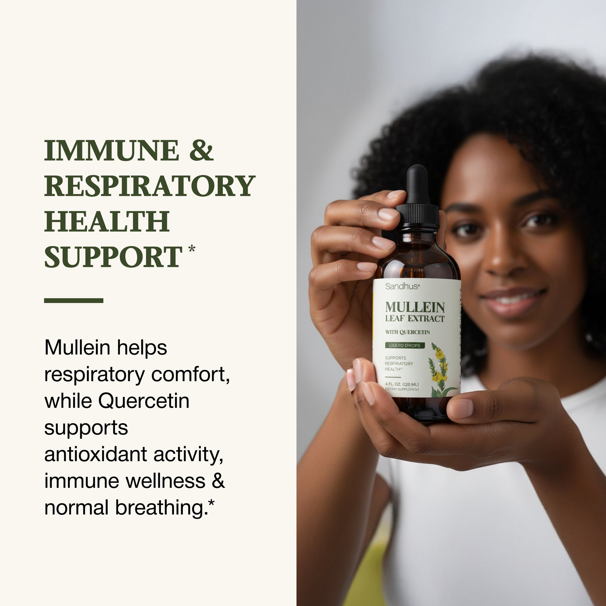 Woman holding a bottle of Mullein Root Extract with text about immune and respiratory health support.