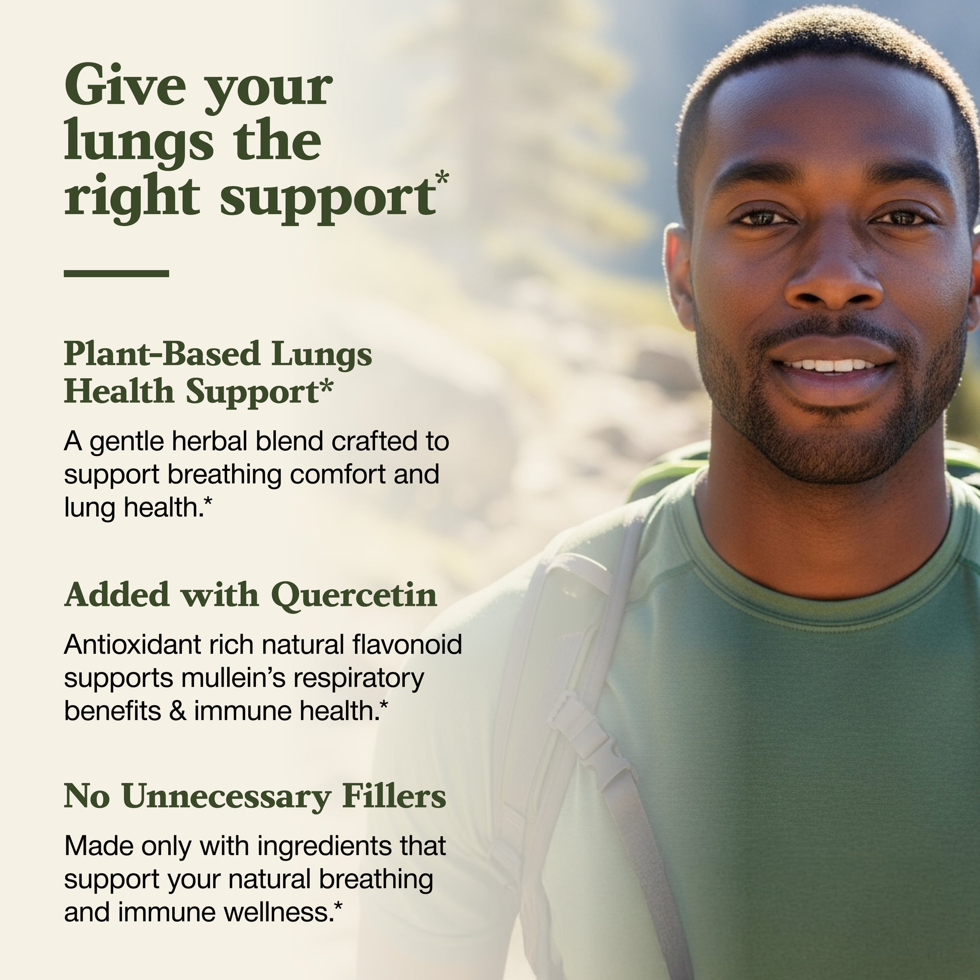 Man with text about plant-based lungs health support and antioxidants