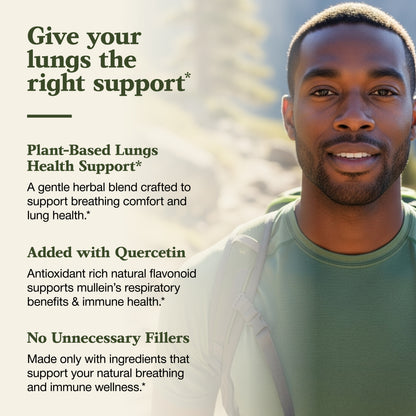 Man with text about plant-based lungs health support and antioxidants