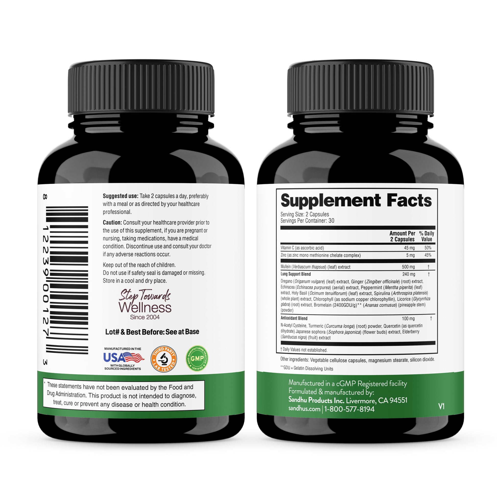 Two supplement bottles with labels showing 'Supplement Facts' and branding on a white background.