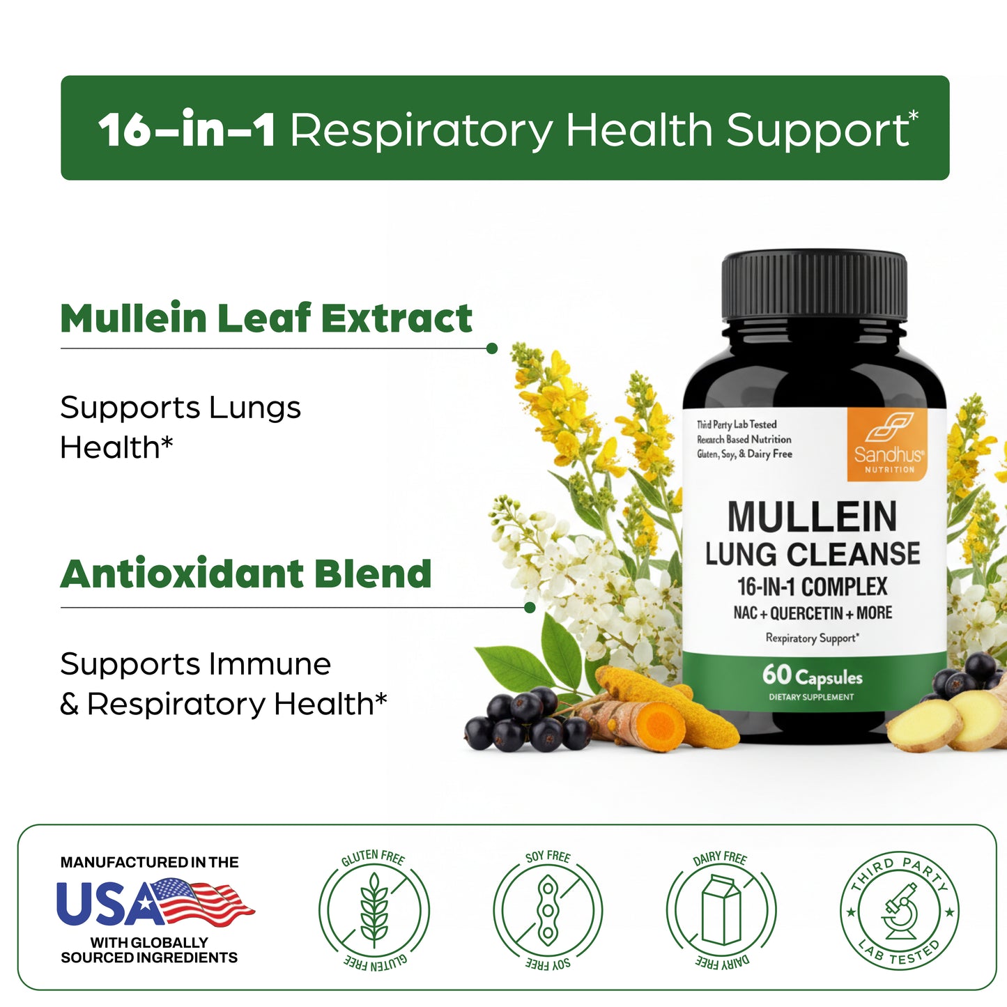 Mullein Lung Cleanse supplement bottle with botanical elements and text about respiratory health support.