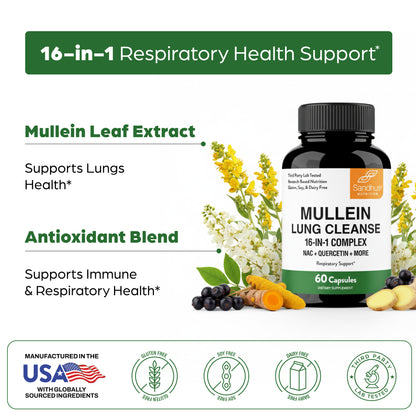 Mullein Lung Cleanse supplement bottle with botanical elements and text about respiratory health support.