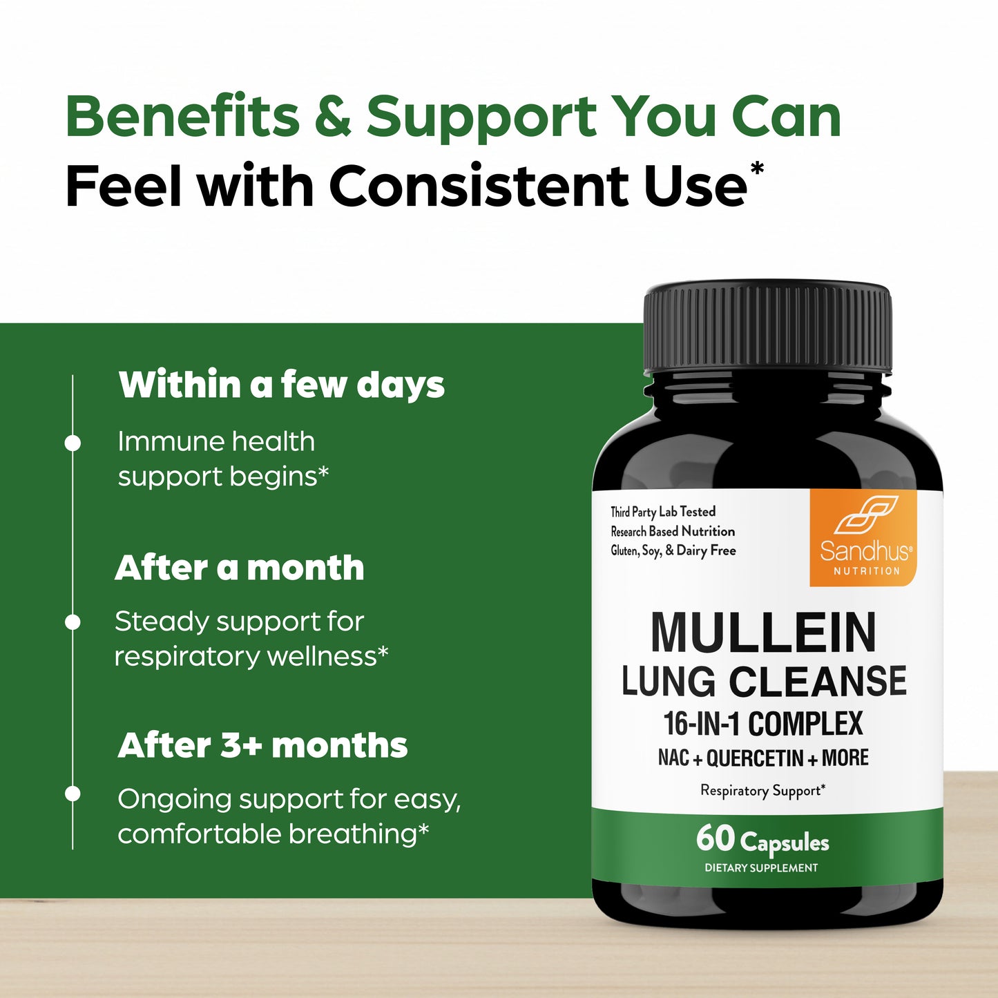 Bottle of Mullein Lung Cleanse supplement with text on benefits and support.