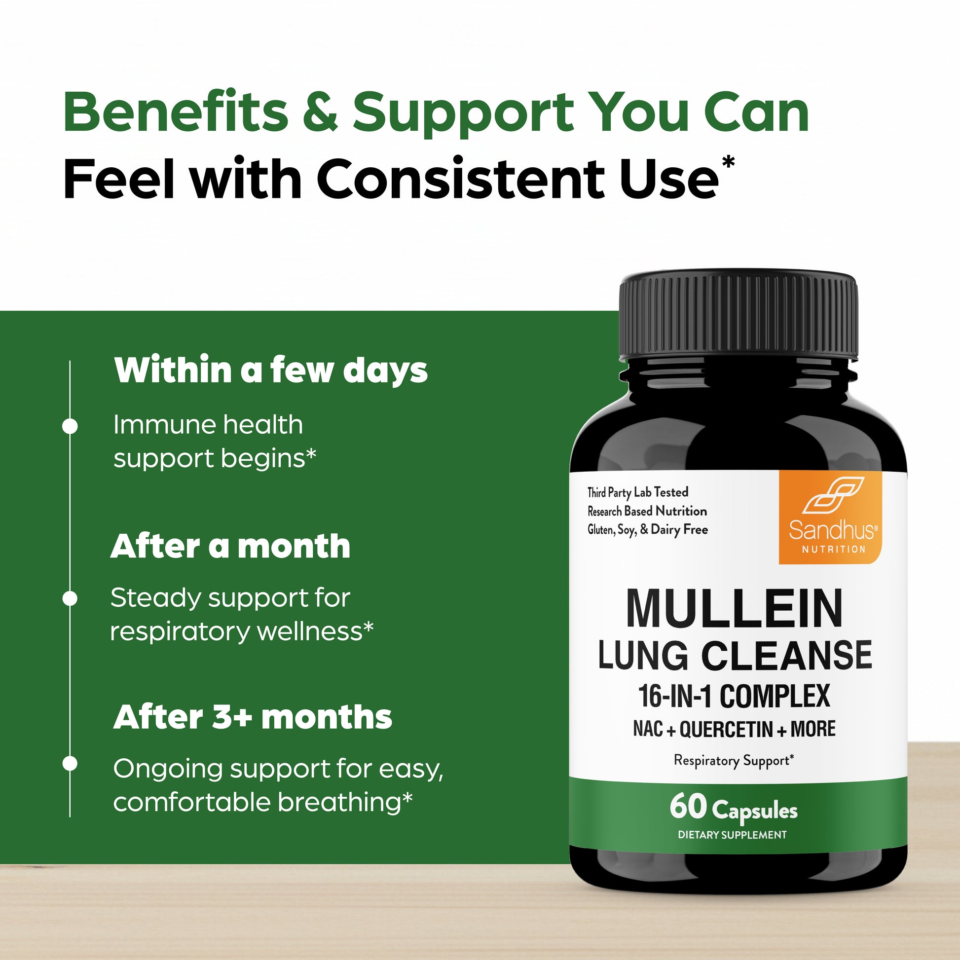 Bottle of Mullein Lung Cleanse supplement with text on benefits and support.