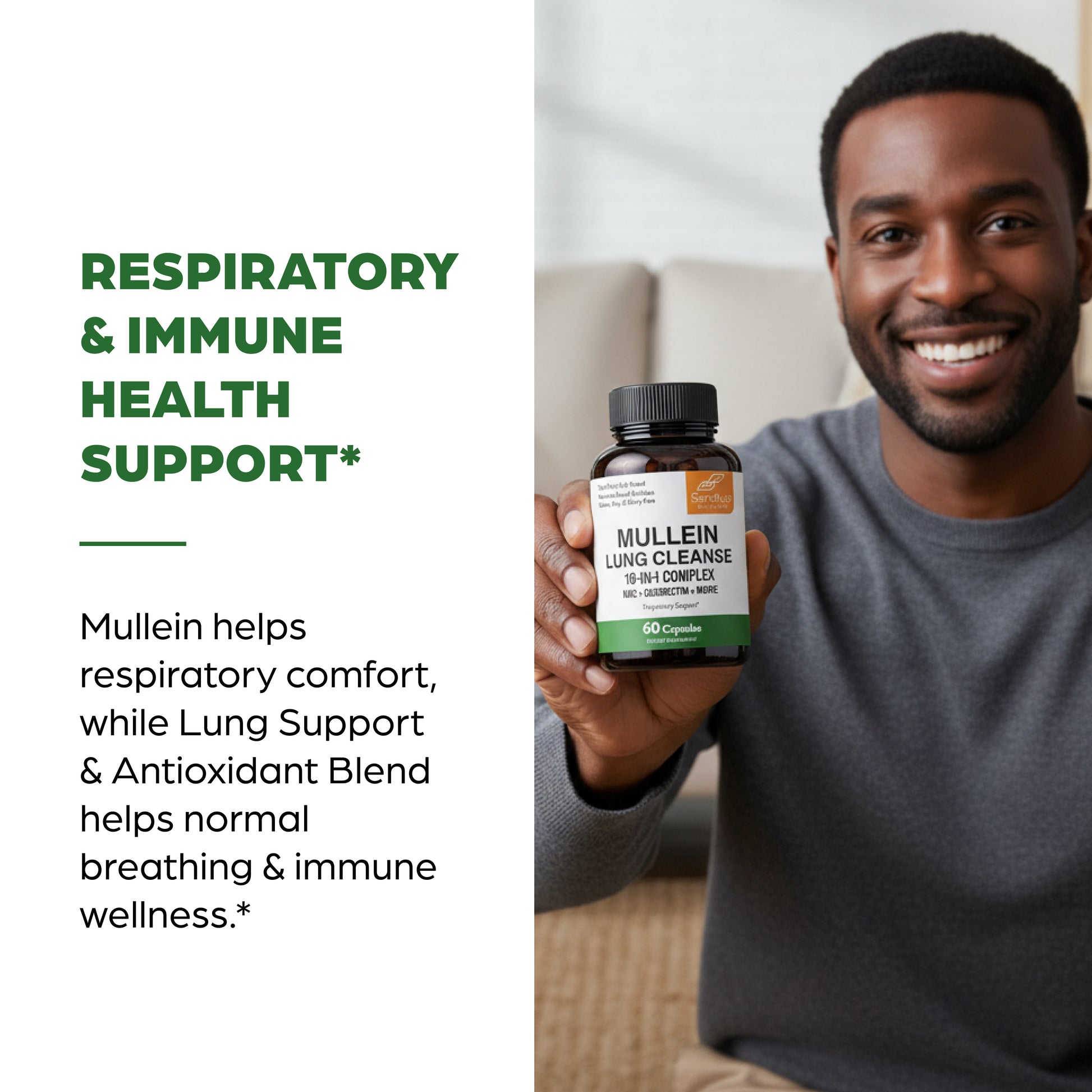 Man holding a bottle of Mullein Lung Cleanse supplement with text about respiratory and immune health support.