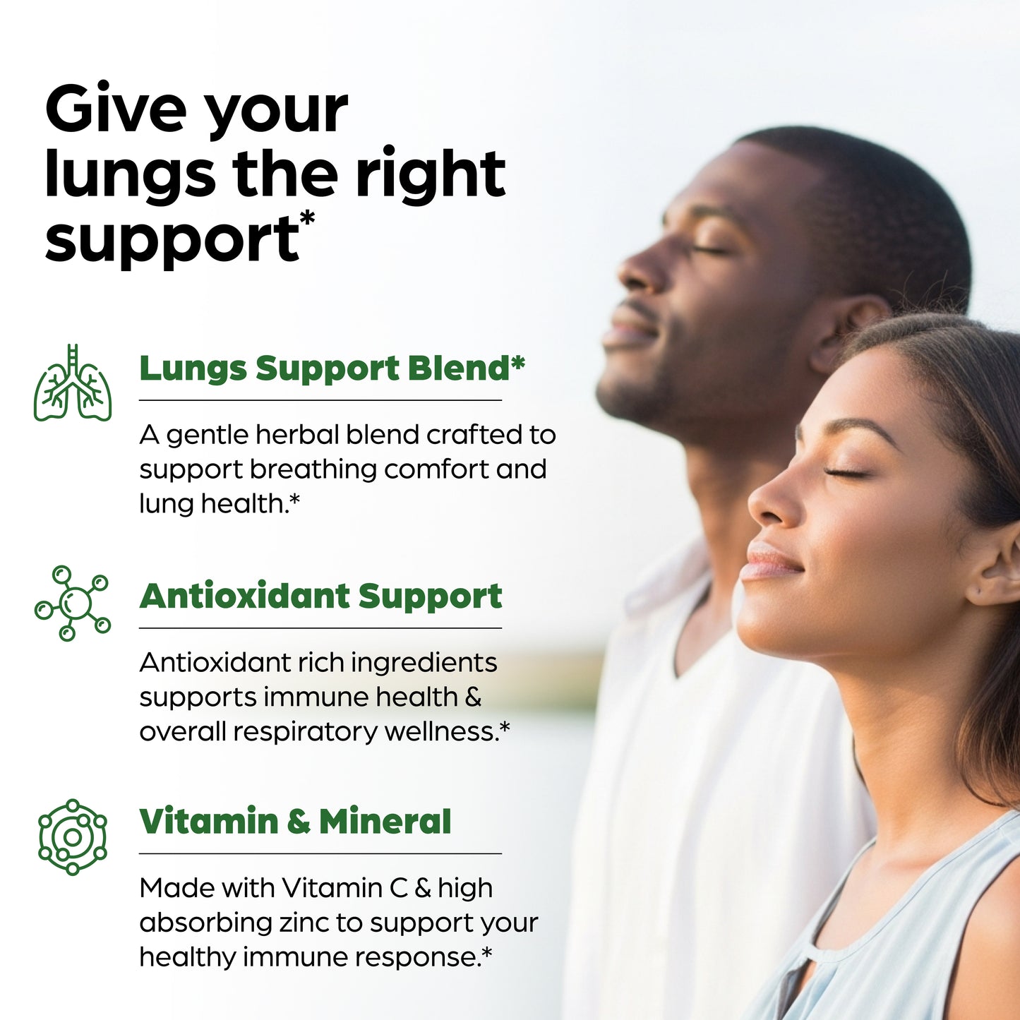 Advertisement for a lungs support blend with a couple breathing deeply in the background.