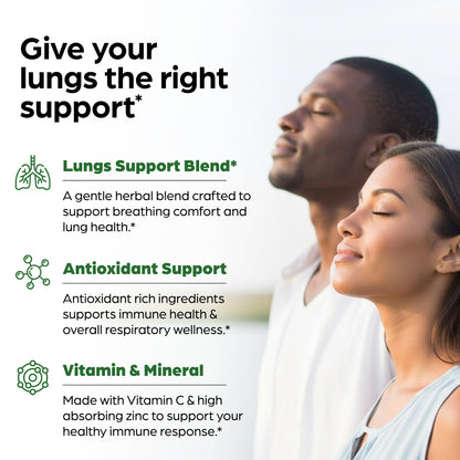 Advertisement for a lungs support blend with a couple breathing deeply in the background.