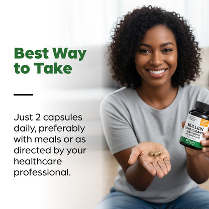 Woman holding a bottle of Mullein Root Complex capsules with text about taking them.