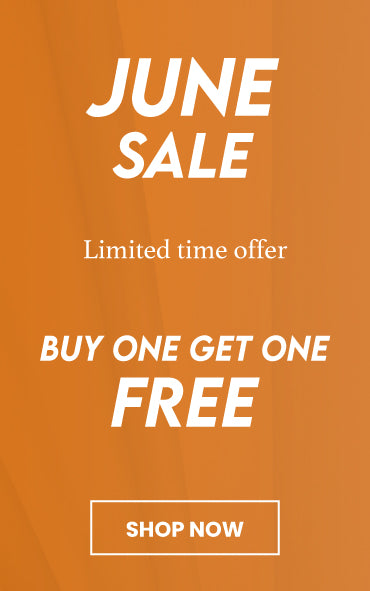 Orange sale banner with 'June Sale' and 'Buy One Get One Free' offer on a brown background.