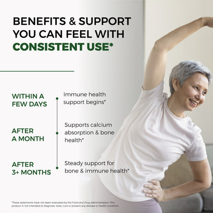 Older woman stretching, representing Sandhus Nutrition benefits for immune health, bone strength, and calcium absorption with consistent use.