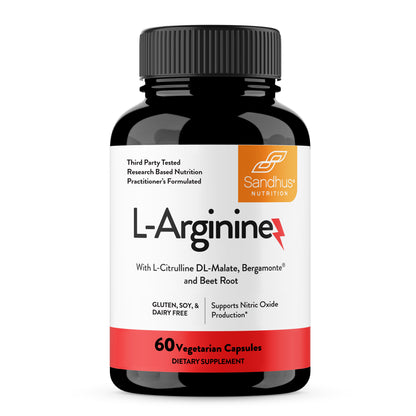 Supplement bottle labeled 'L-Arginine' by Sandhus Nutrition on a white background
