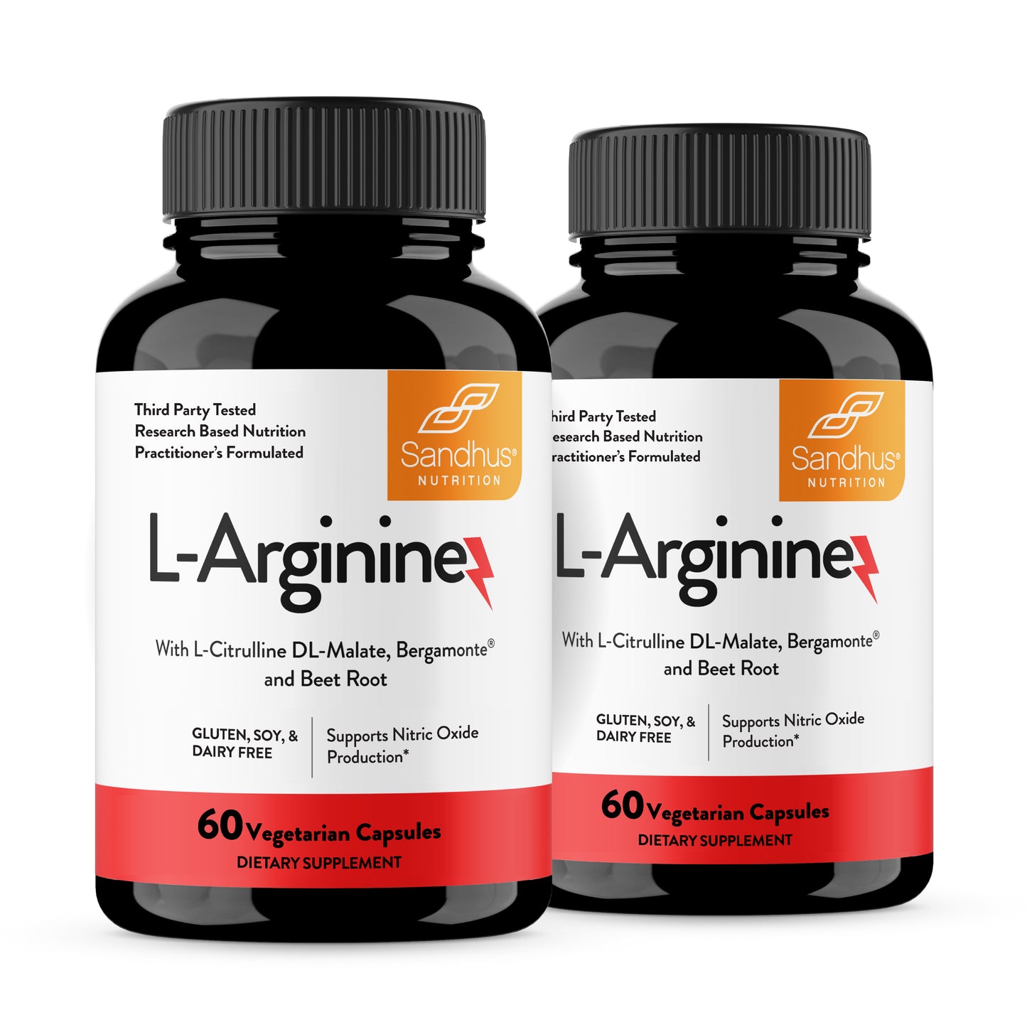 Two bottles of L-Arginine supplement by Sandhus Nutrition on a white background