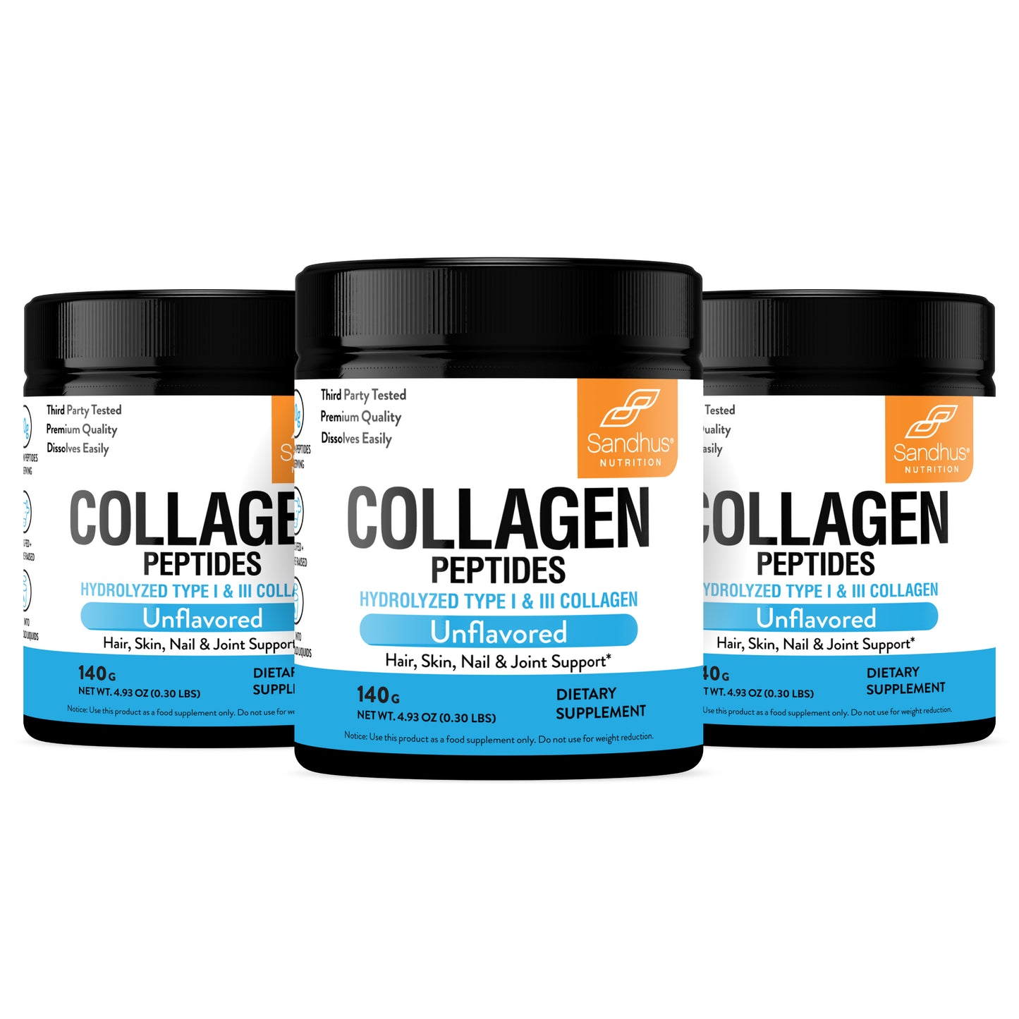 Three containers of Sandhus Collagen Peptides on a white background