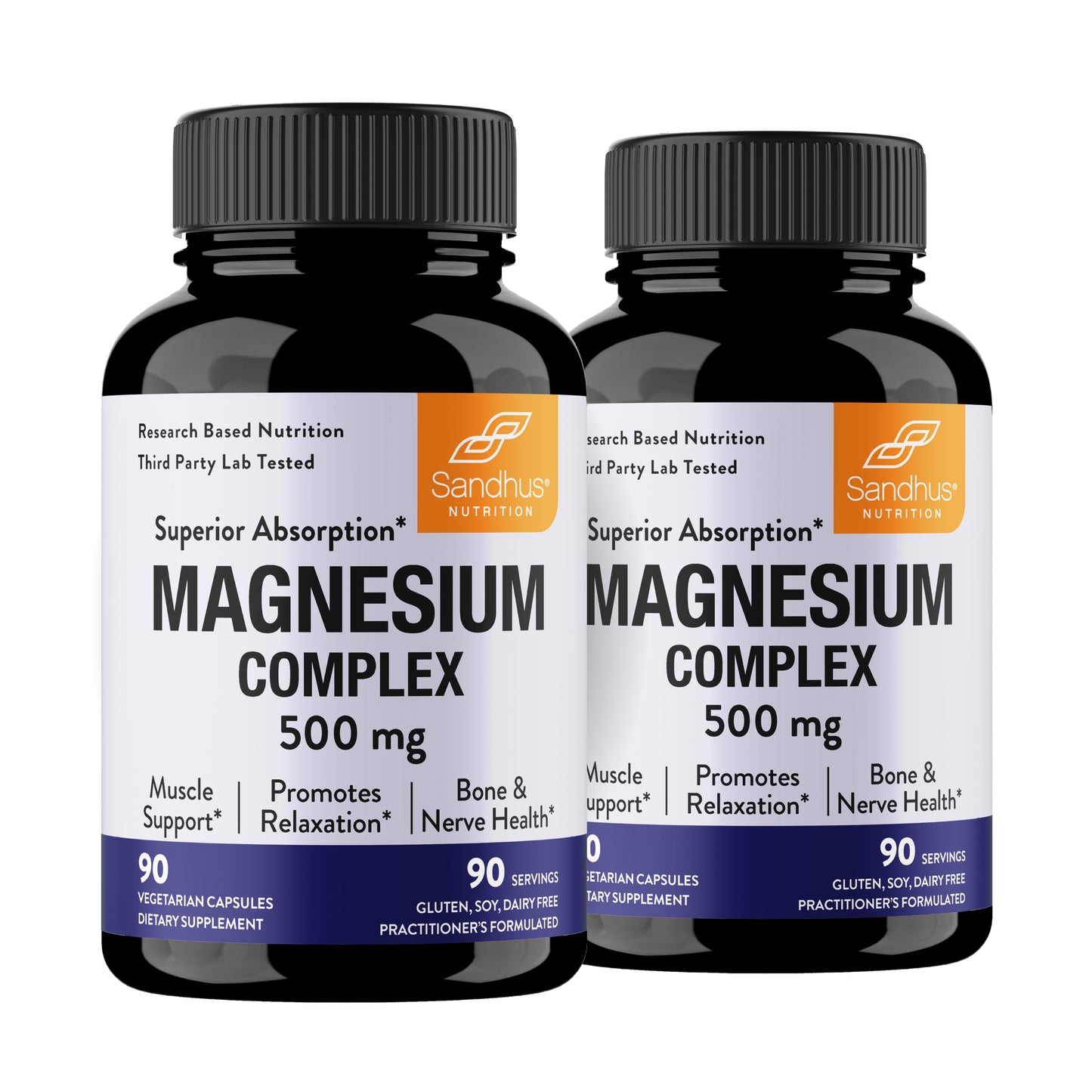 Two bottles of Sandhus Nutrition Magnesium Complex 500 mg on a white background