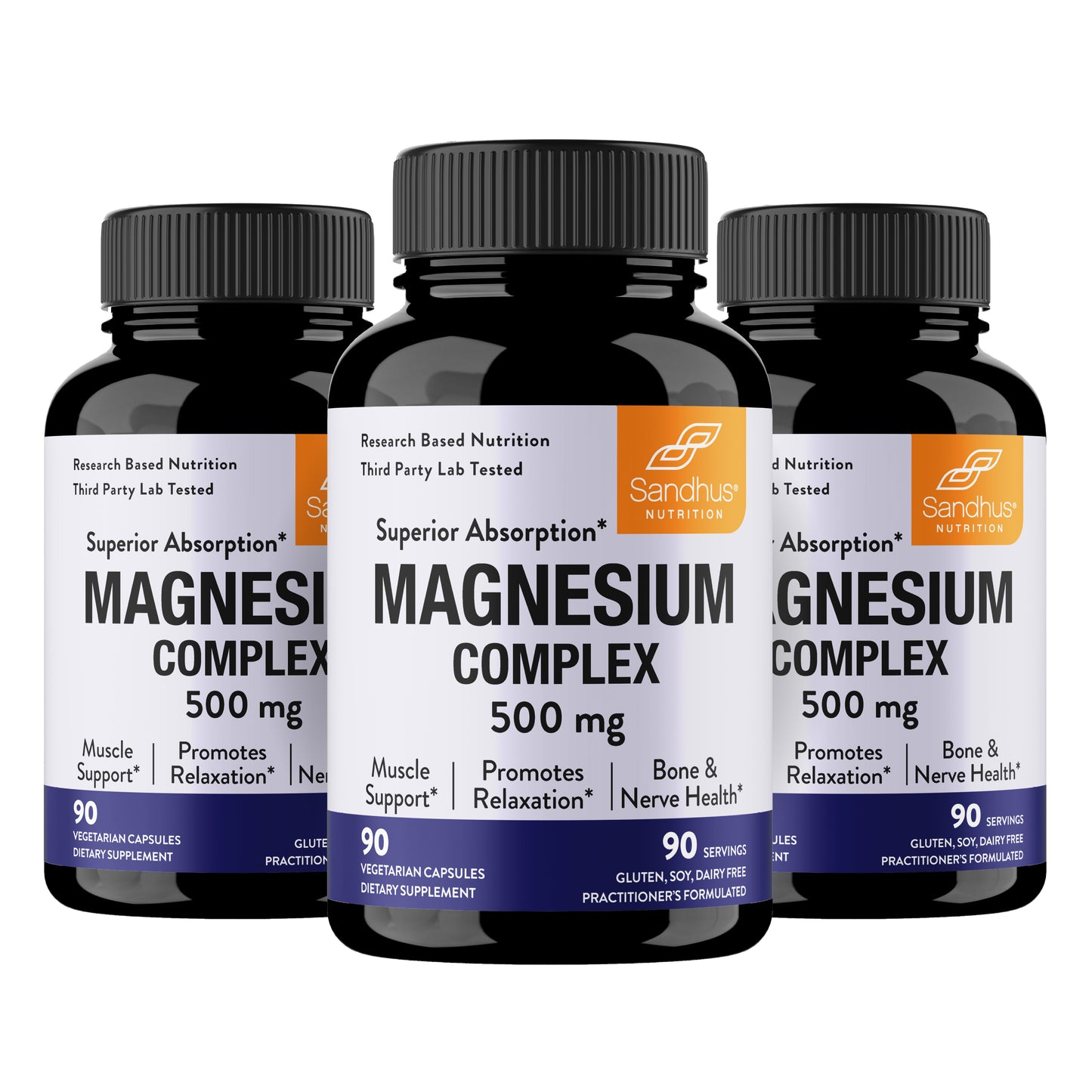 Three bottles of Sandhus Nutrition Magnesium Complex 500 mg on a white background
