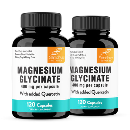 Two bottles of Sandhus Nutrition Magnesium Glycinate capsules on a white background