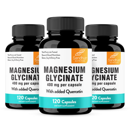 Three bottles of Sandhus Nutrition Magnesium Glycinate supplement on a white background