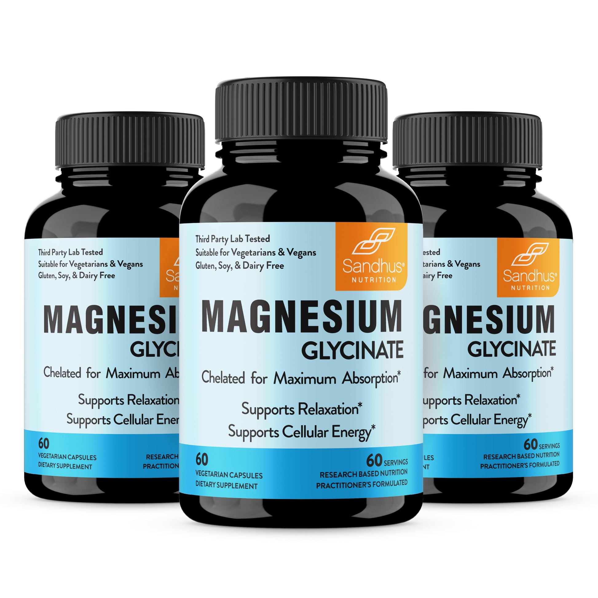 Three bottles of Sandhus Nutrition Magnesium Glycinate supplements on a white background