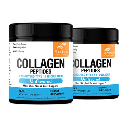 Two jars of Sandhus Nutrition Collagen Peptides on a white background