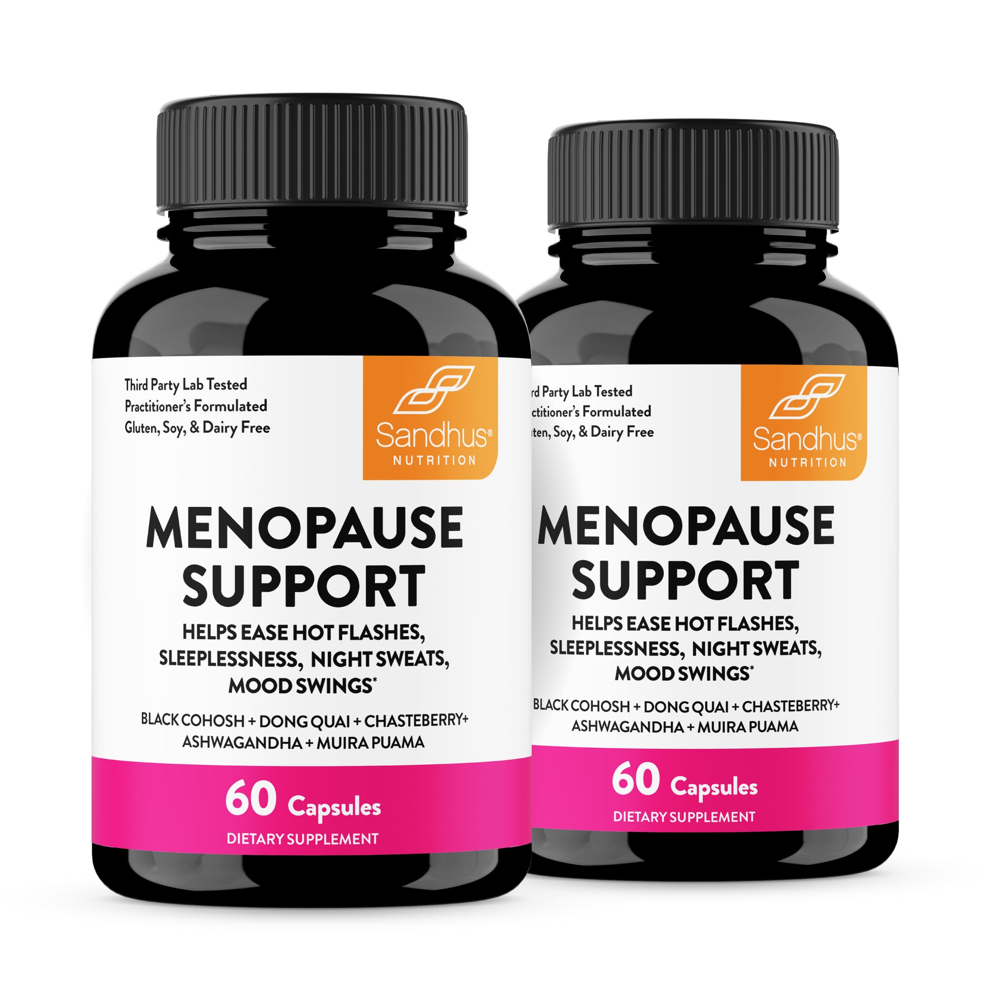Two bottles of Sandhus Menopause Support dietary supplements on a white background