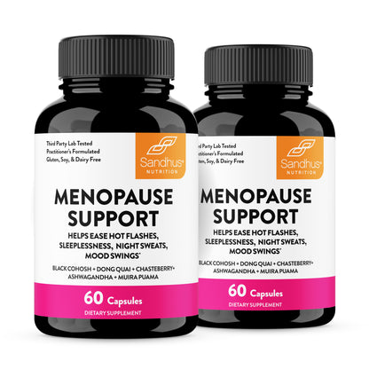 Two bottles of Sandhus Menopause Support dietary supplements on a white background