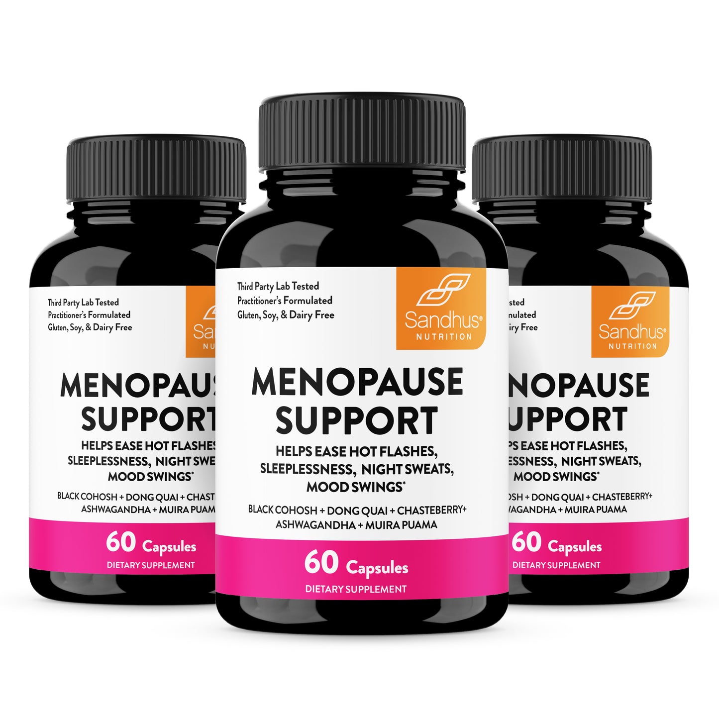 Three bottles of Menopause Support supplements with Sandhus Nutrition branding on a white background.