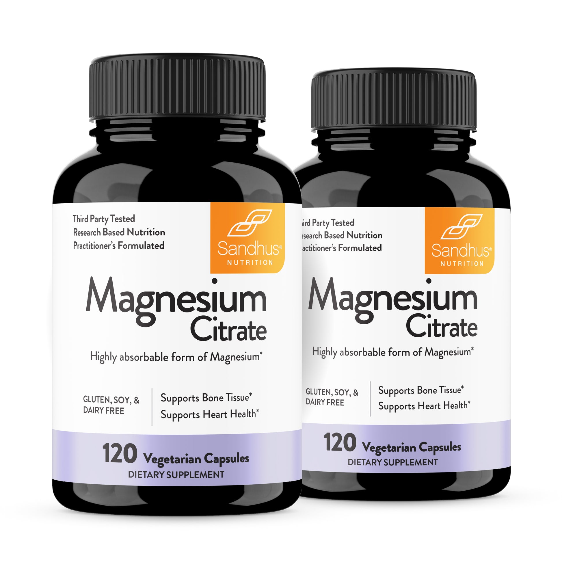 Two bottles of Sandhus Nutrition Magnesium Citrate dietary supplements on a white background