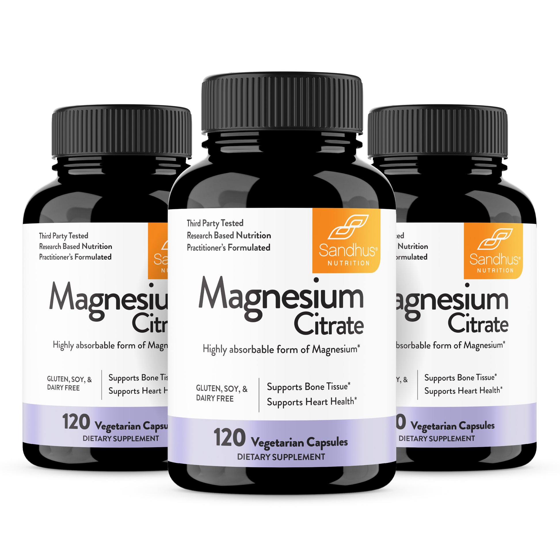 Three bottles of Sandhus Nutrition Magnesium Citrate dietary supplements on a white background