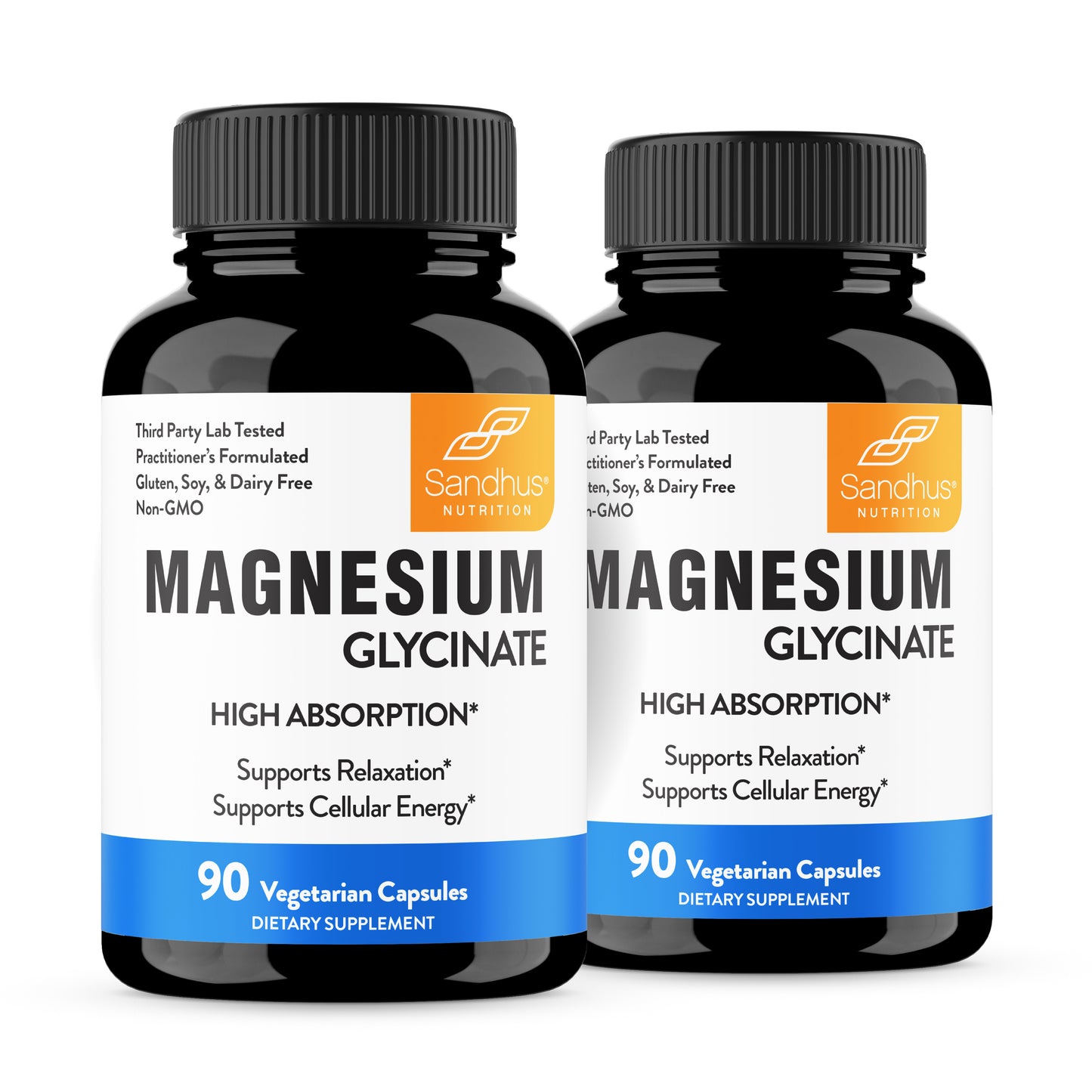 Two bottles of Sandhus Nutrition Magnesium Glycinate supplement on a white background