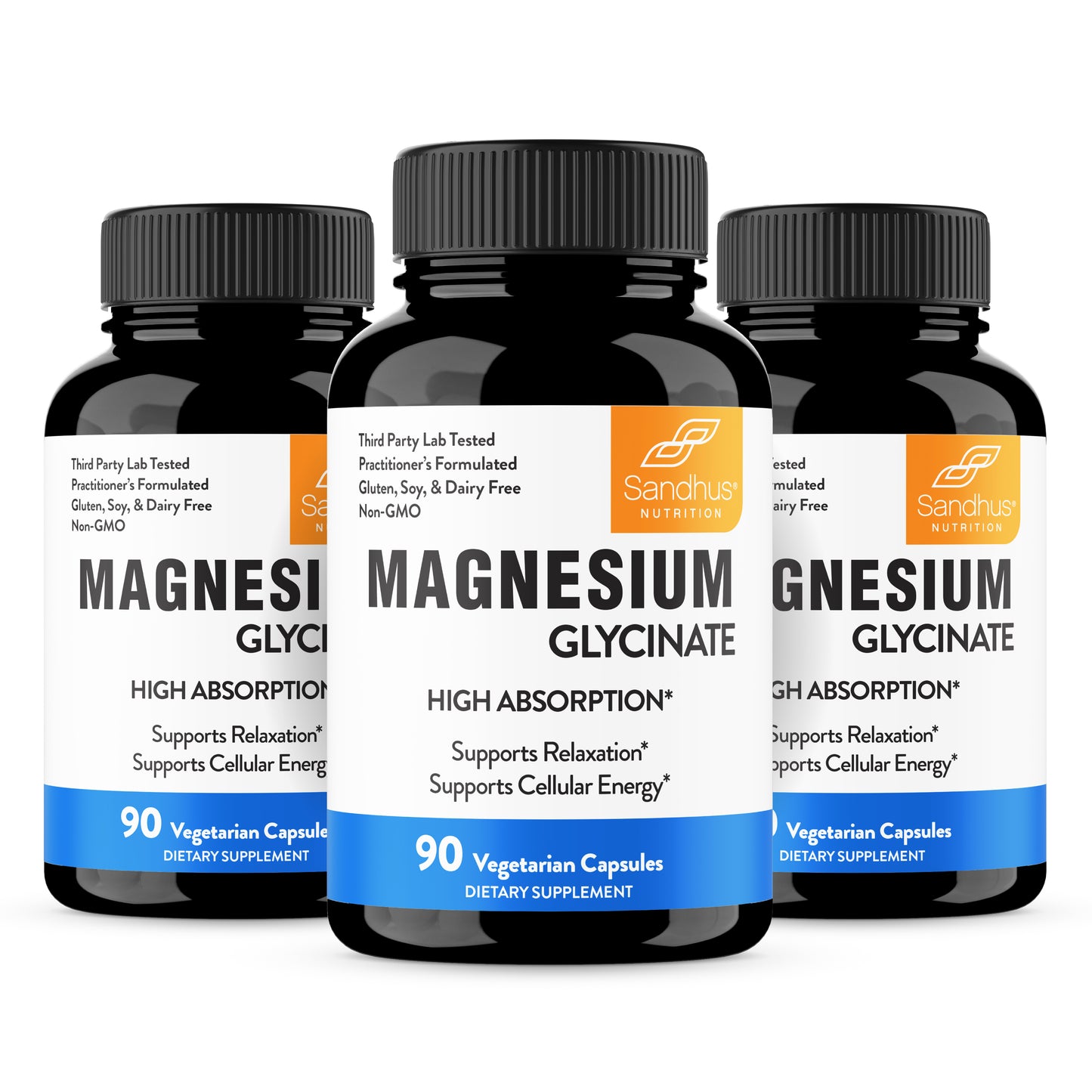 Three bottles of Sandhus Nutrition Magnesium Glycinate supplements on a white background