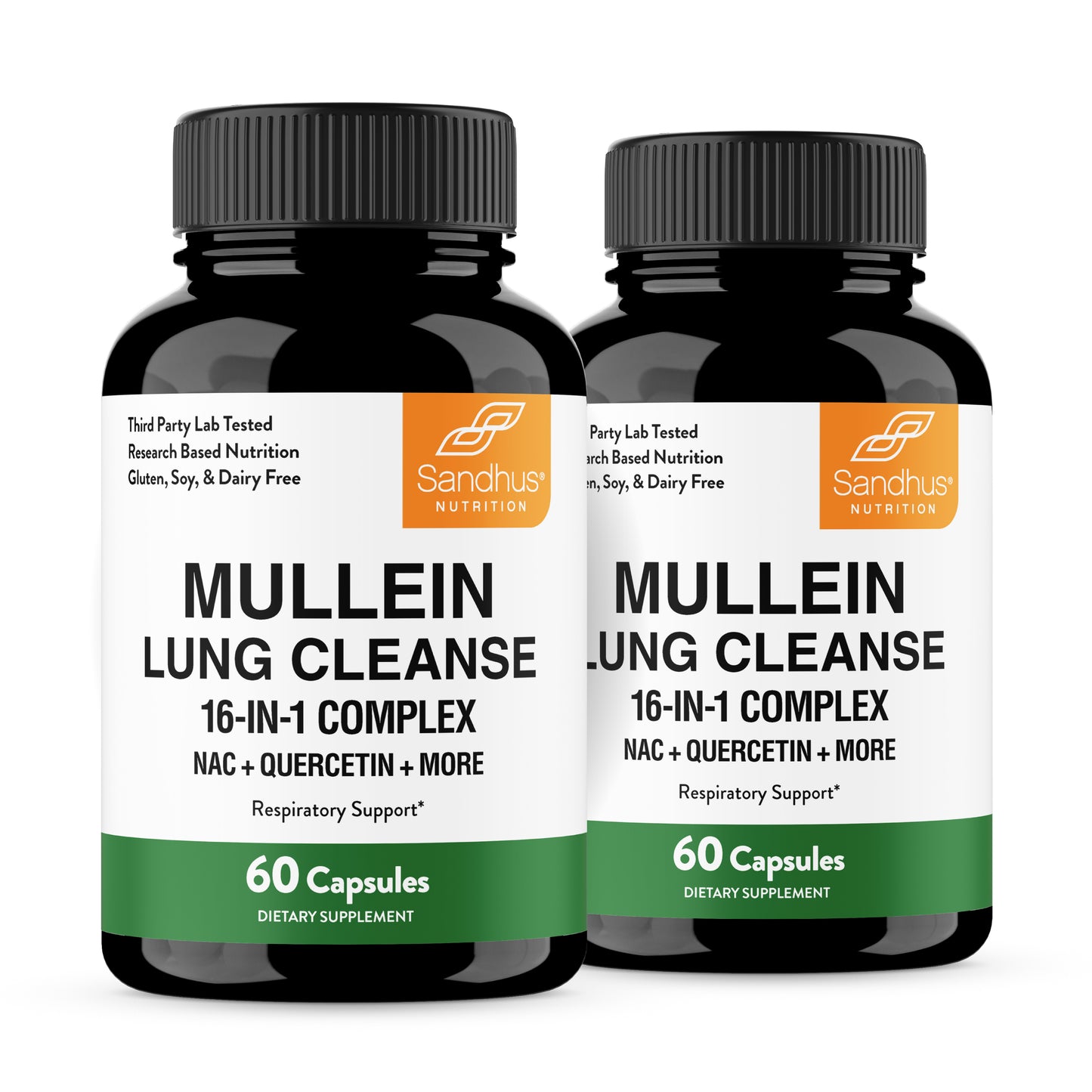 Two bottles of Sandhus Mullein Lung Cleanse supplement on a white background