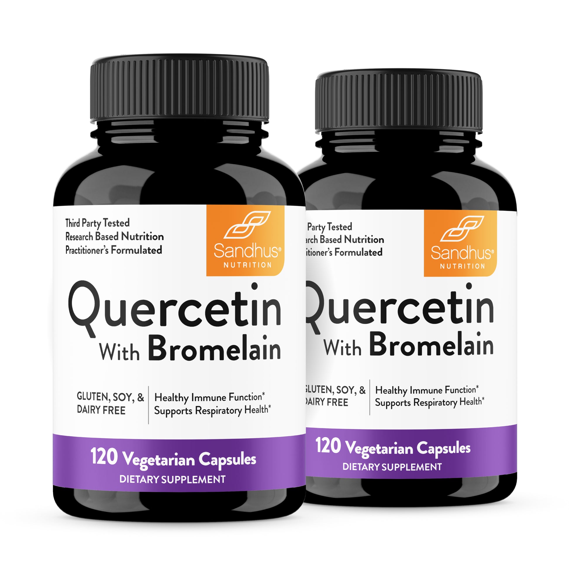 Two bottles of Sandhus Nutrition Quercetin with Bromelain on a white background